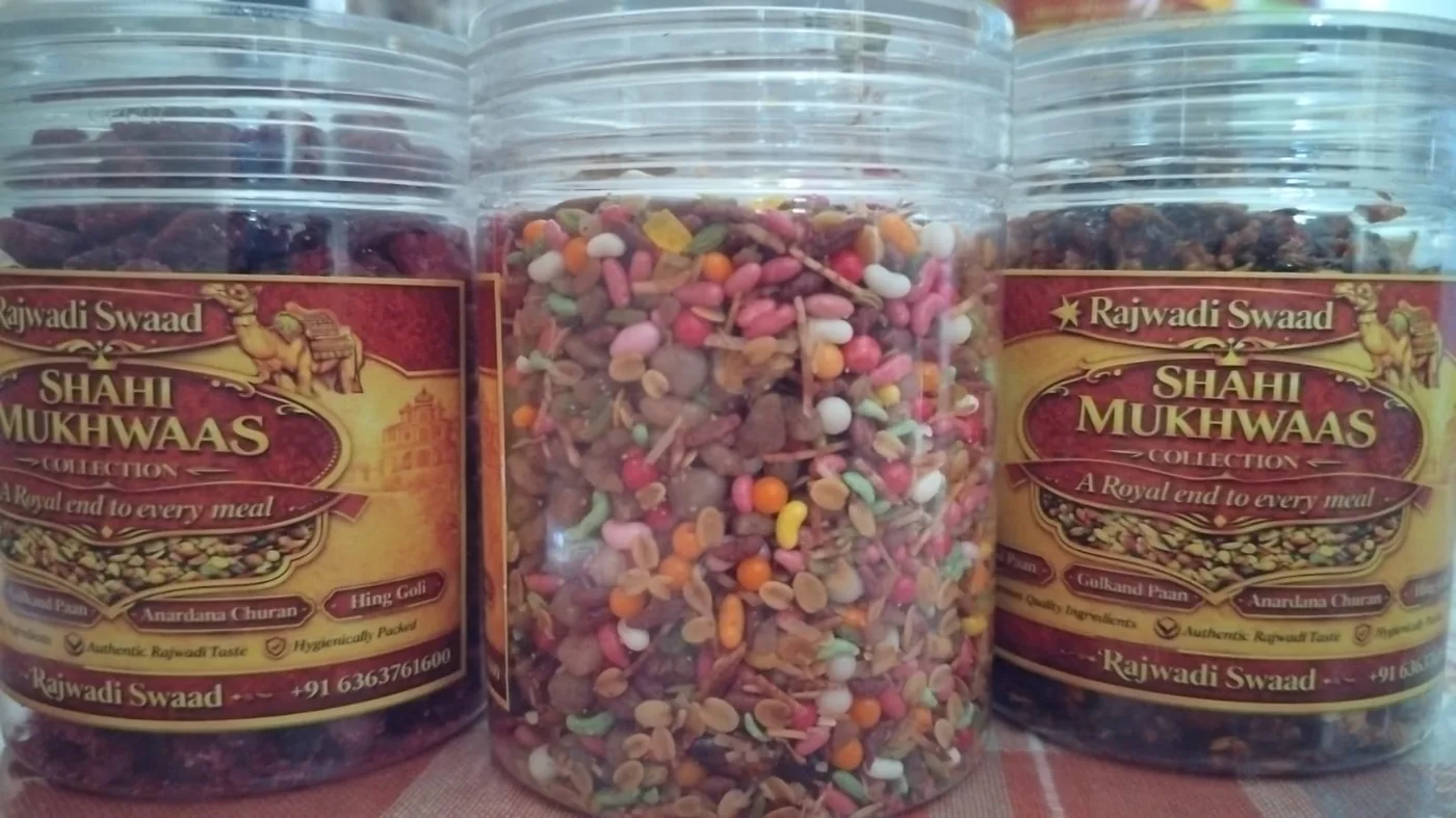 Colourful Rajwadi Mukhwas blend in a clear jar