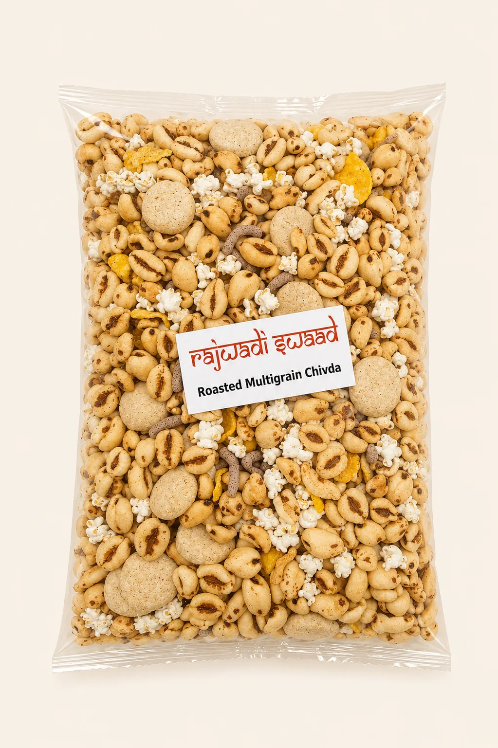 Rajwadi Swaad roasted multigrain chivada pack on a warm cream background.