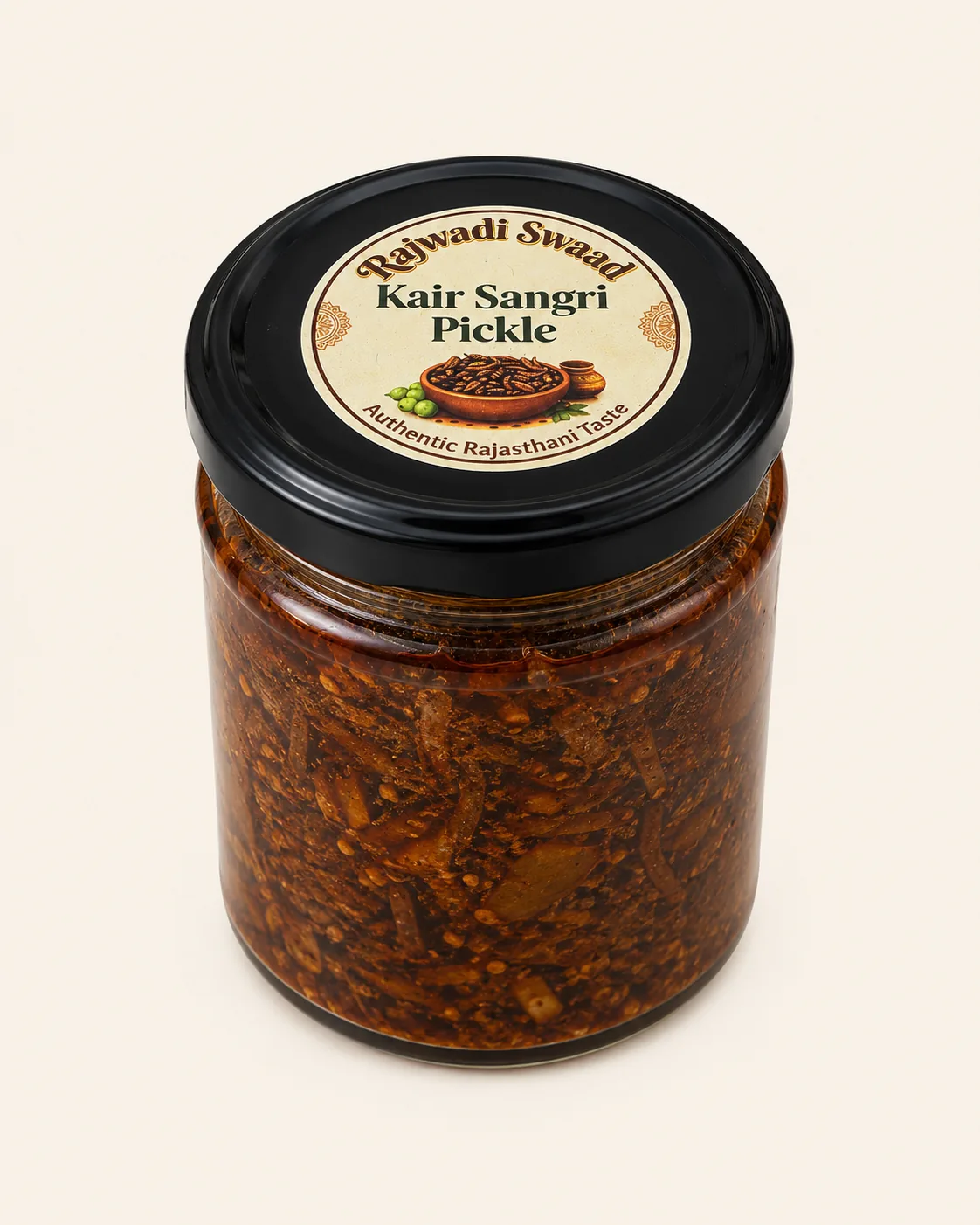 Rajwadi Swaad kair sangri pickle jar on a warm cream background.