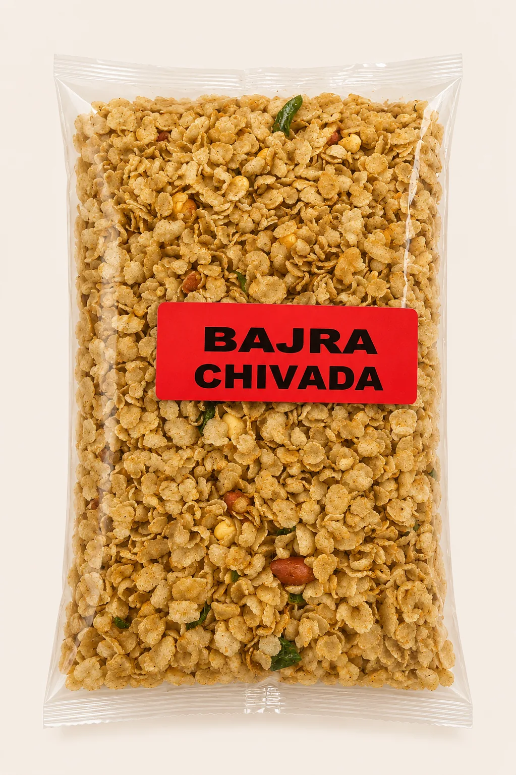 Rajwadi Swaad bajra chivada pack on a warm cream background.