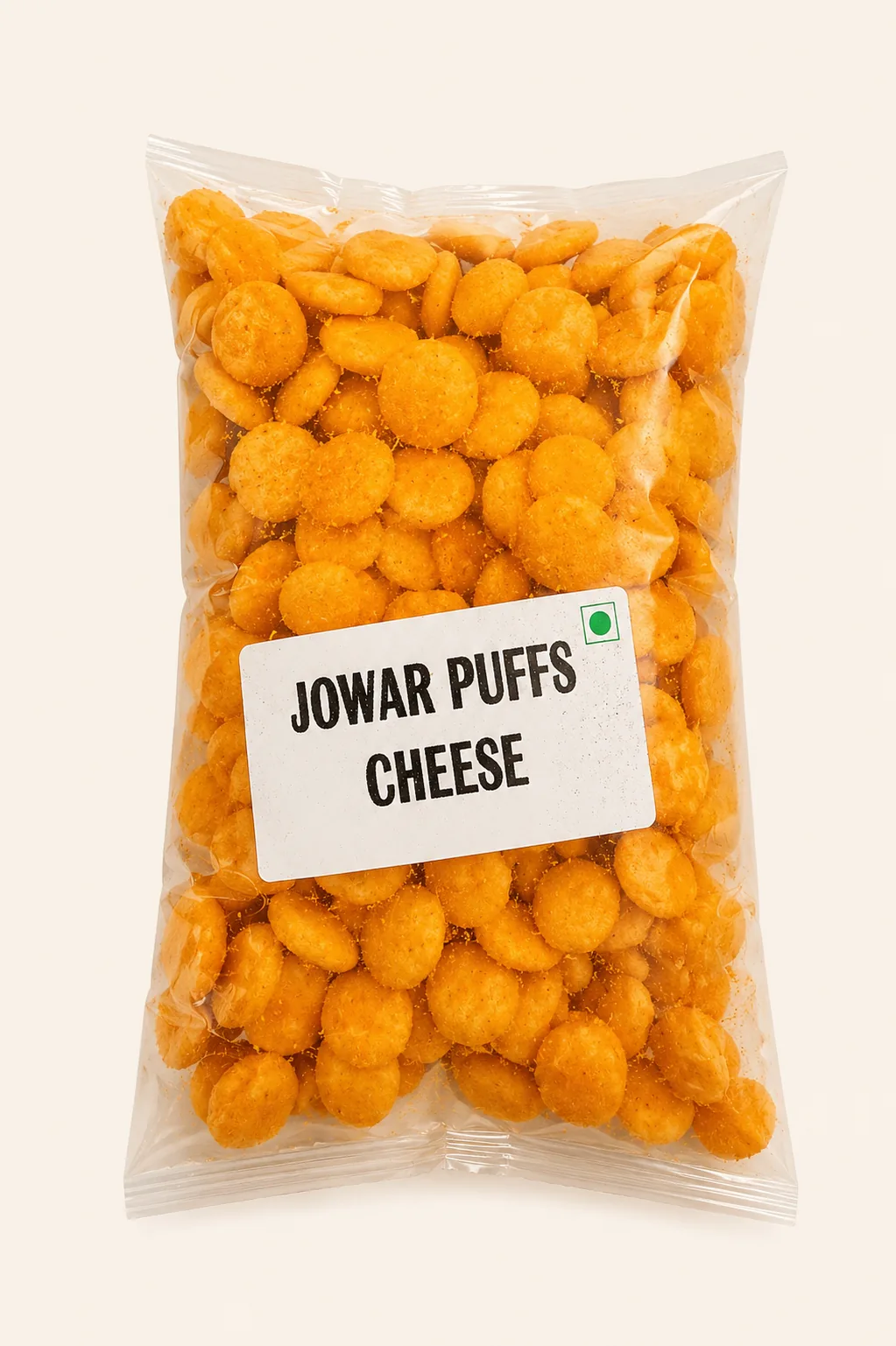 Rajwadi Swaad jowar puffs cheese pack on a warm cream background.