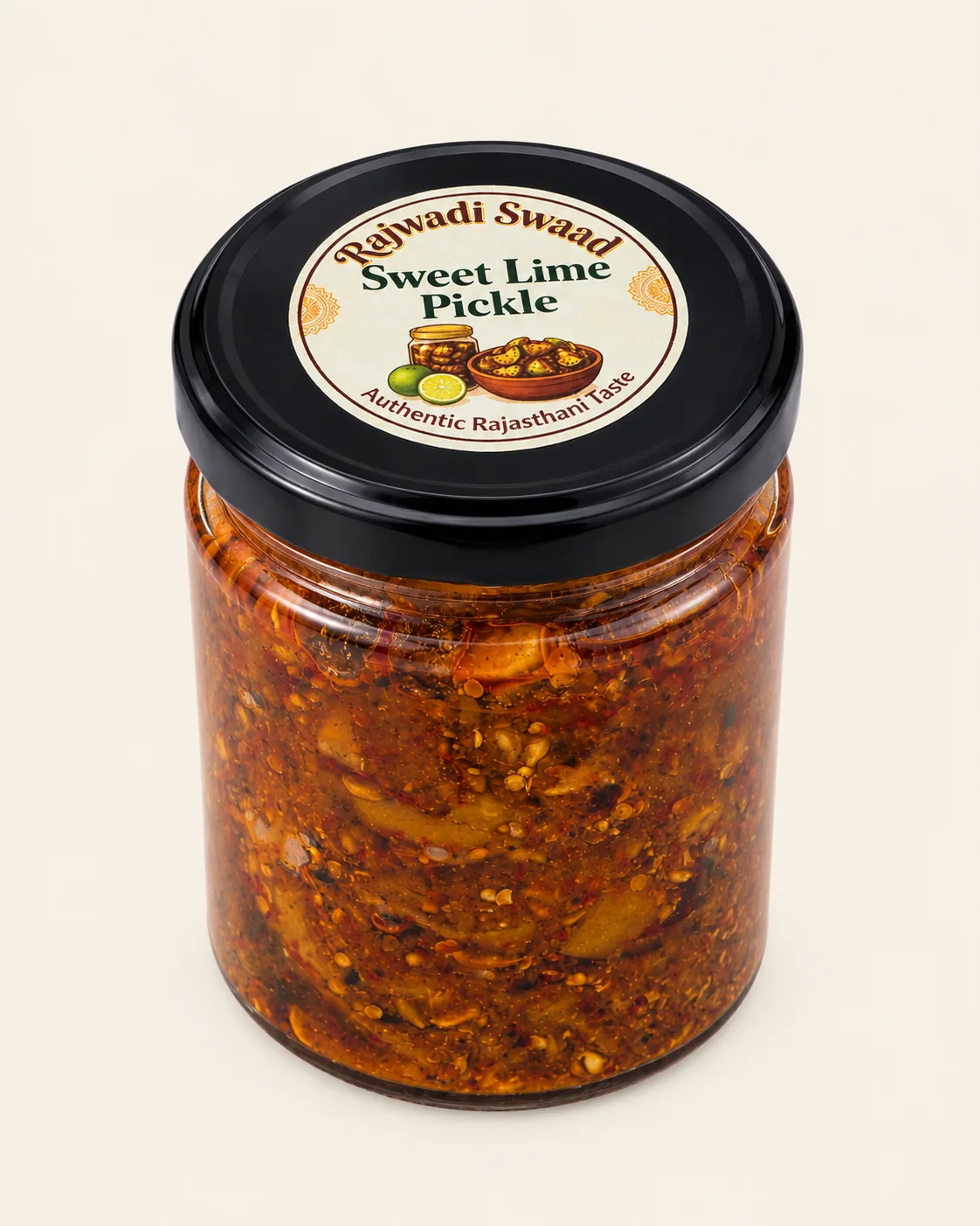 Rajwadi Swaad sweet lime pickle jar on a warm cream background.