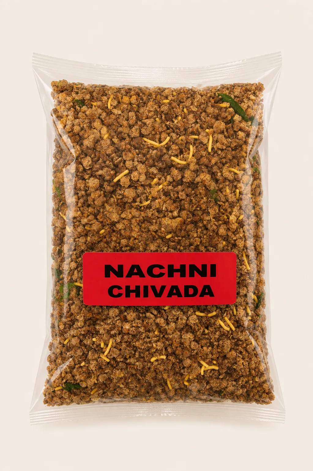 Rajwadi Swaad nachni chivada pack on a warm cream background.