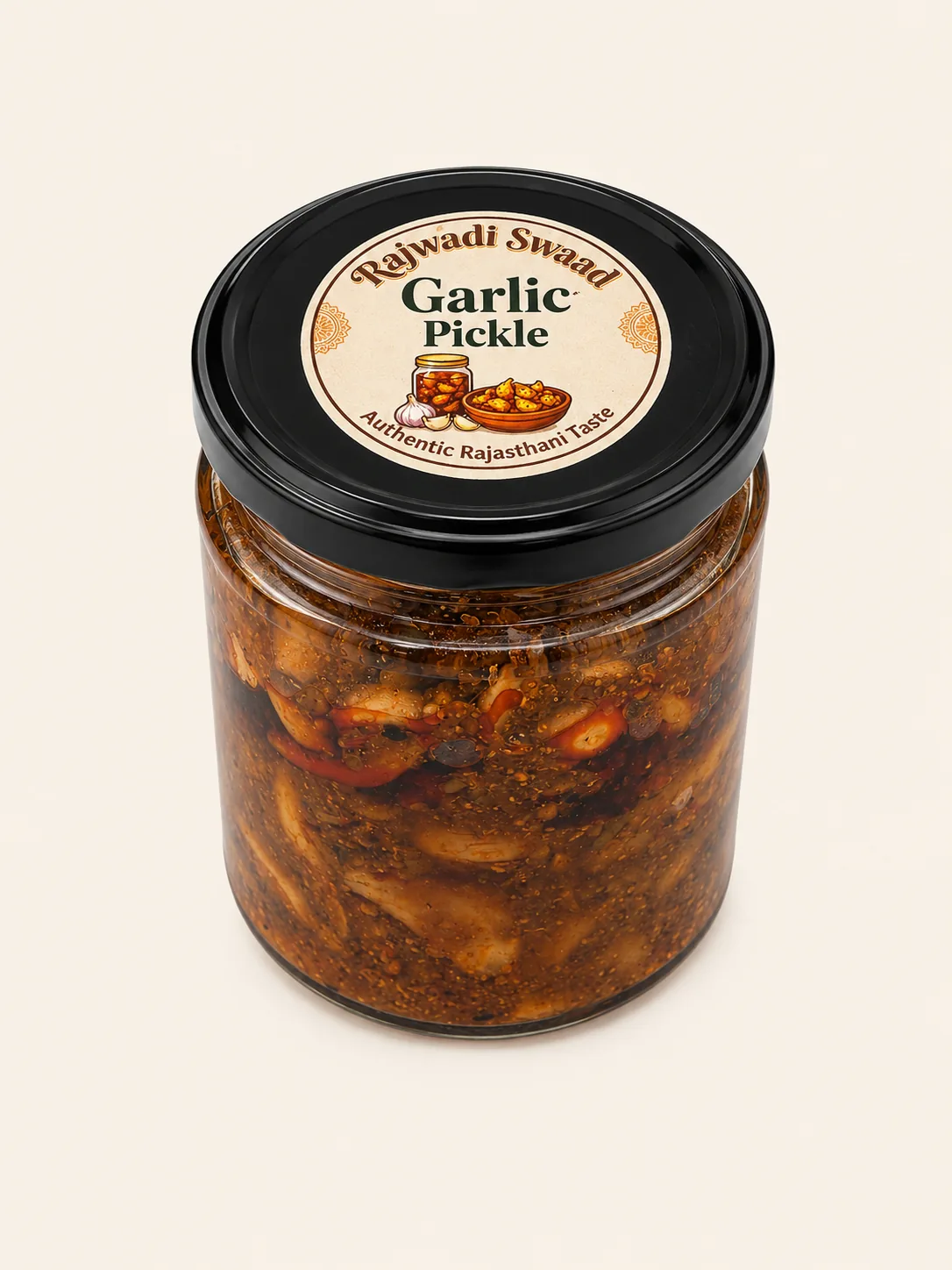 Rajwadi Swaad garlic pickle jar on a warm cream background.
