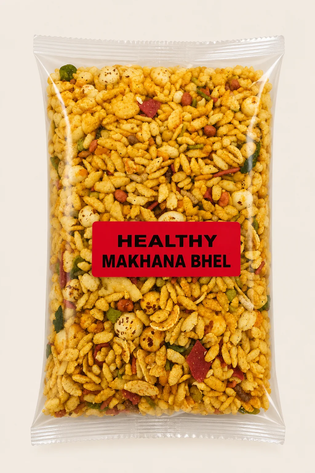 Rajwadi Swaad roasted makhana bhel pack on a warm cream background.